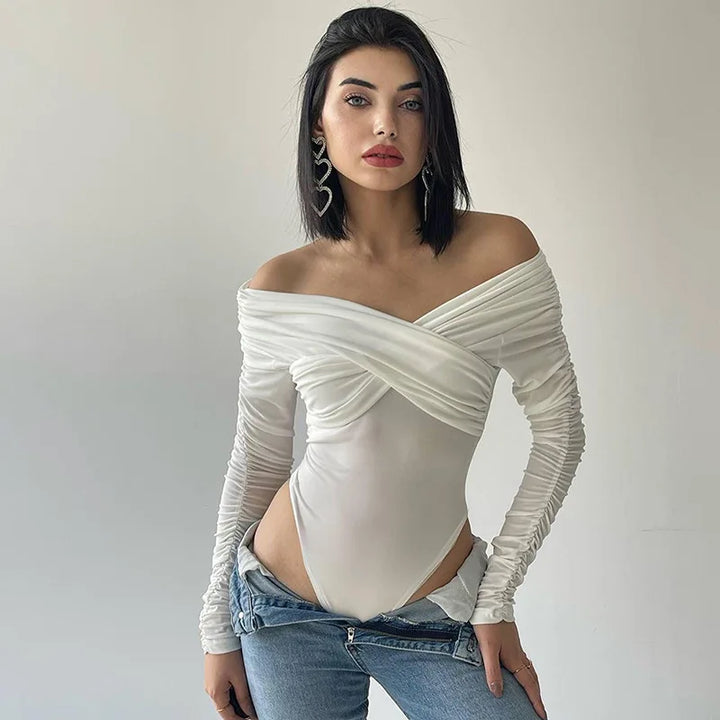Body femme off-shoulder à manches longues, drapé croisé et fronces