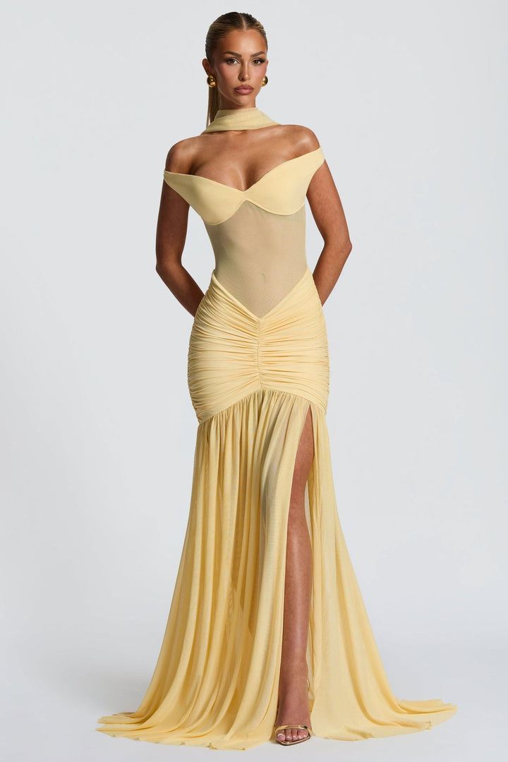 Robe Maxi Off-Shoulder pour Femmes avec Partie Écharpe et Haut Semi-Transparent