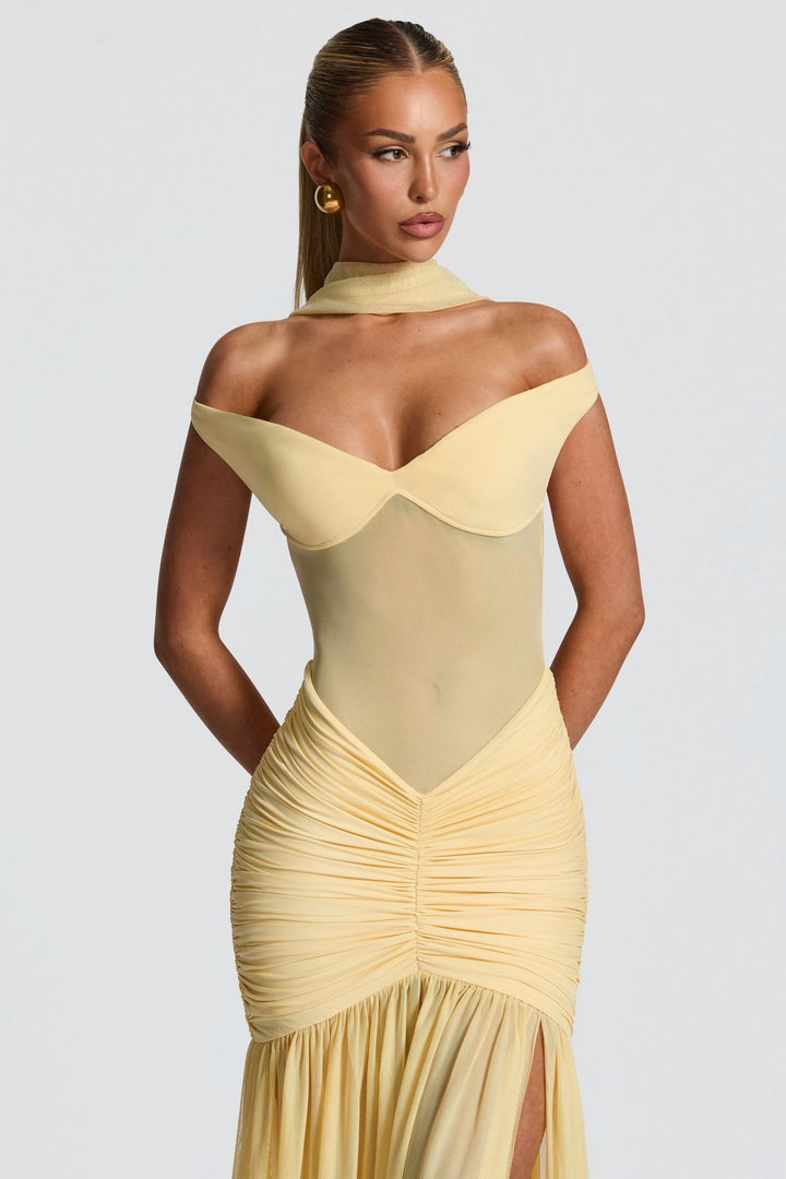 Robe Maxi Off-Shoulder pour Femmes avec Partie Écharpe et Haut Semi-Transparent