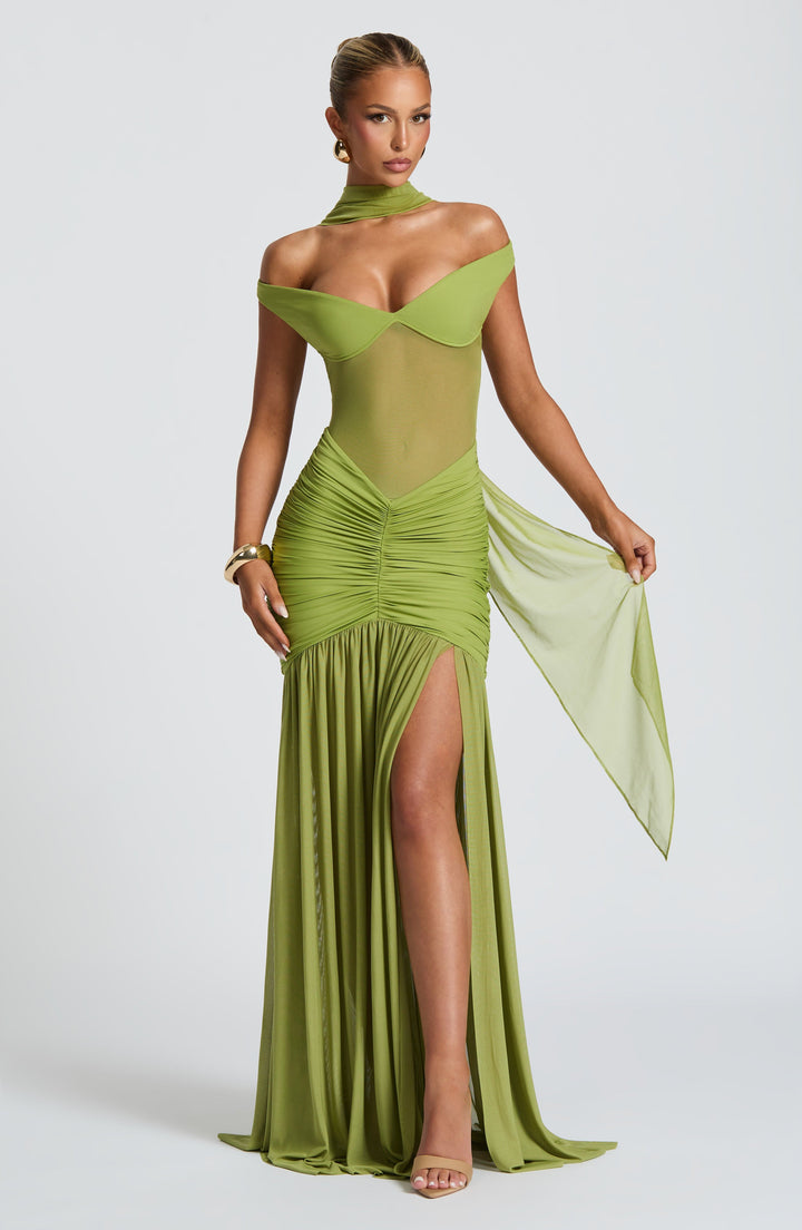 Robe Maxi Off-Shoulder pour Femmes avec Partie Écharpe et Haut Semi-Transparent