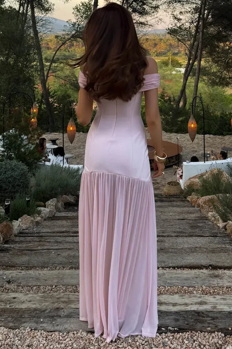 Robe Maxikleid Off-Shoulder avec Application Décorative et Jupe Plissée