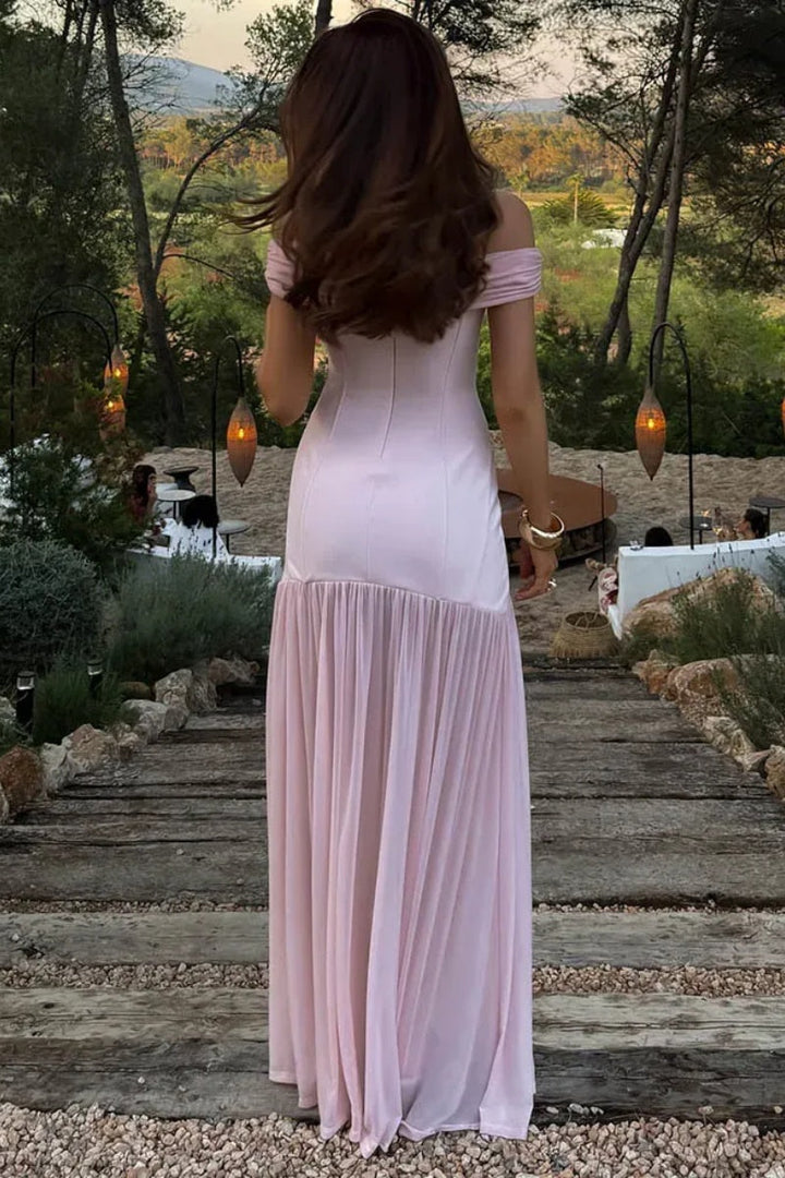 Robe Maxikleid Off-Shoulder avec Application Décorative et Jupe Plissée