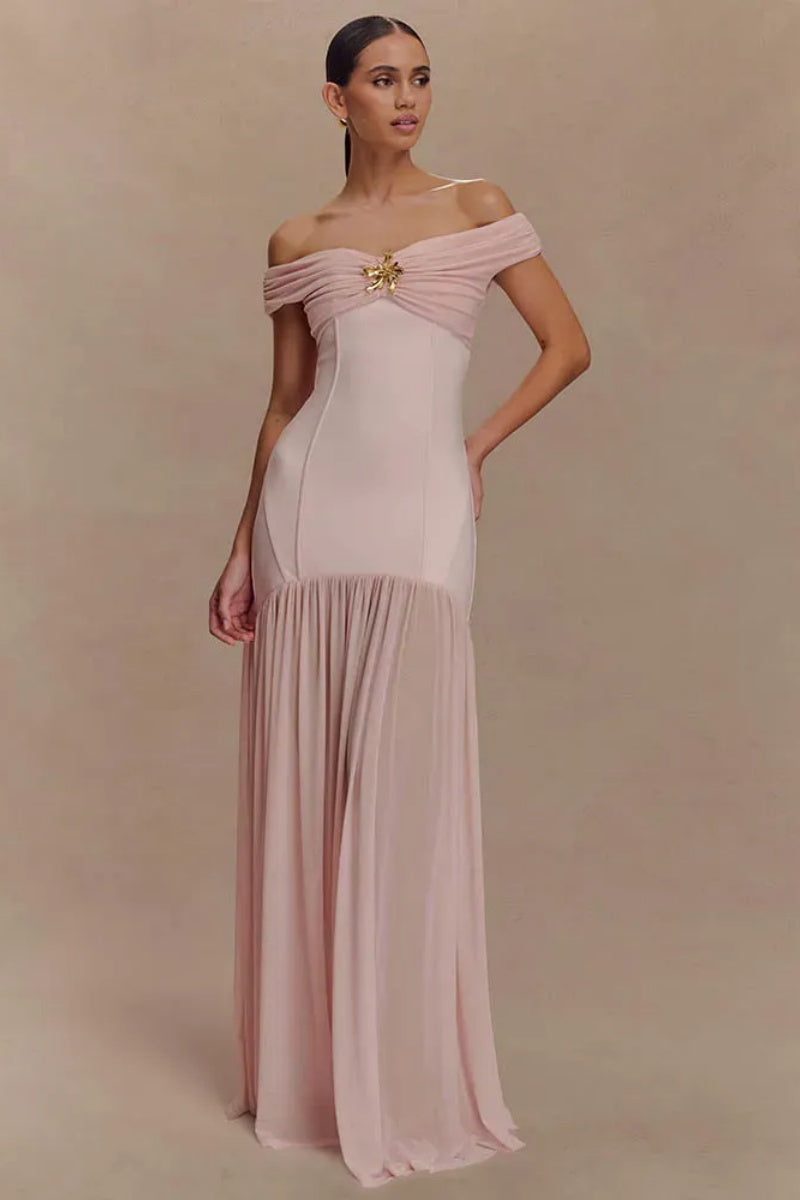 Robe Maxikleid Off-Shoulder avec Application Décorative et Jupe Plissée