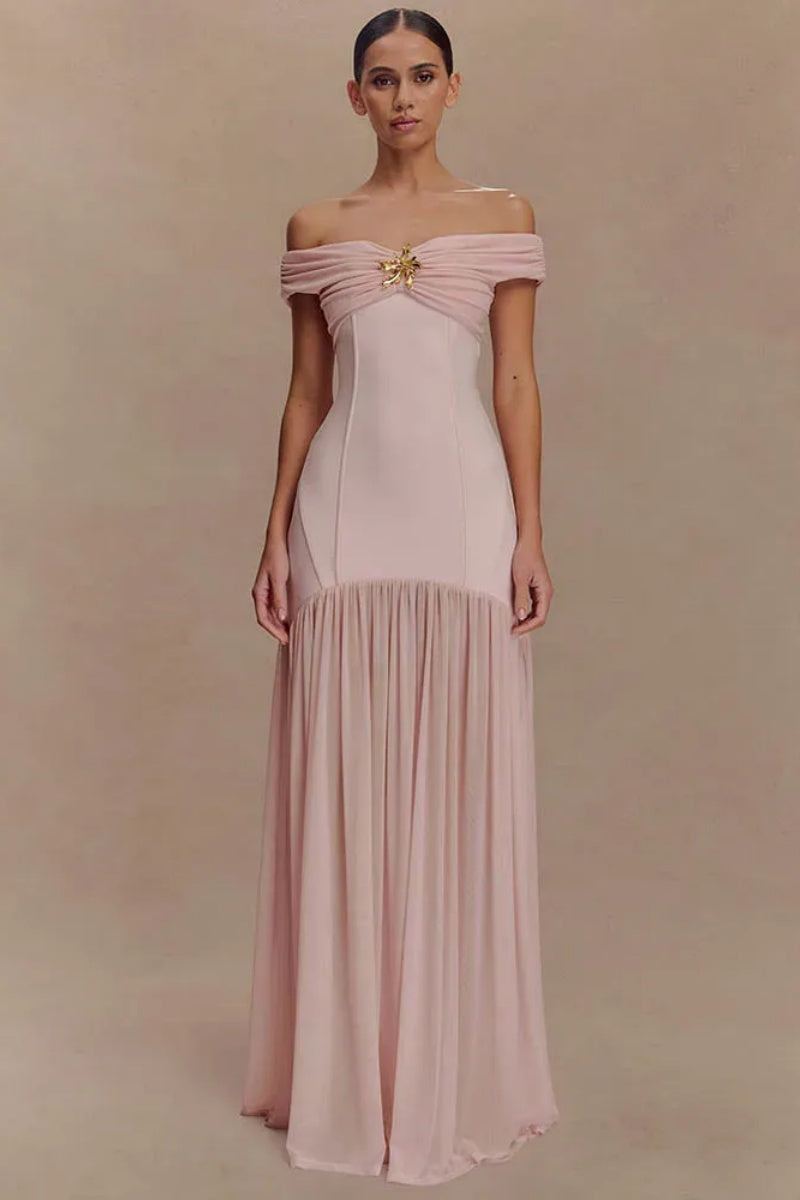 Robe Maxikleid Off-Shoulder avec Application Décorative et Jupe Plissée