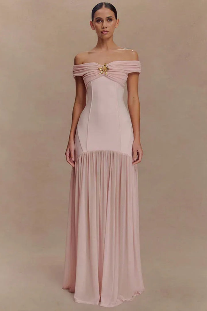 Robe Maxikleid Off-Shoulder avec Application Décorative et Jupe Plissée
