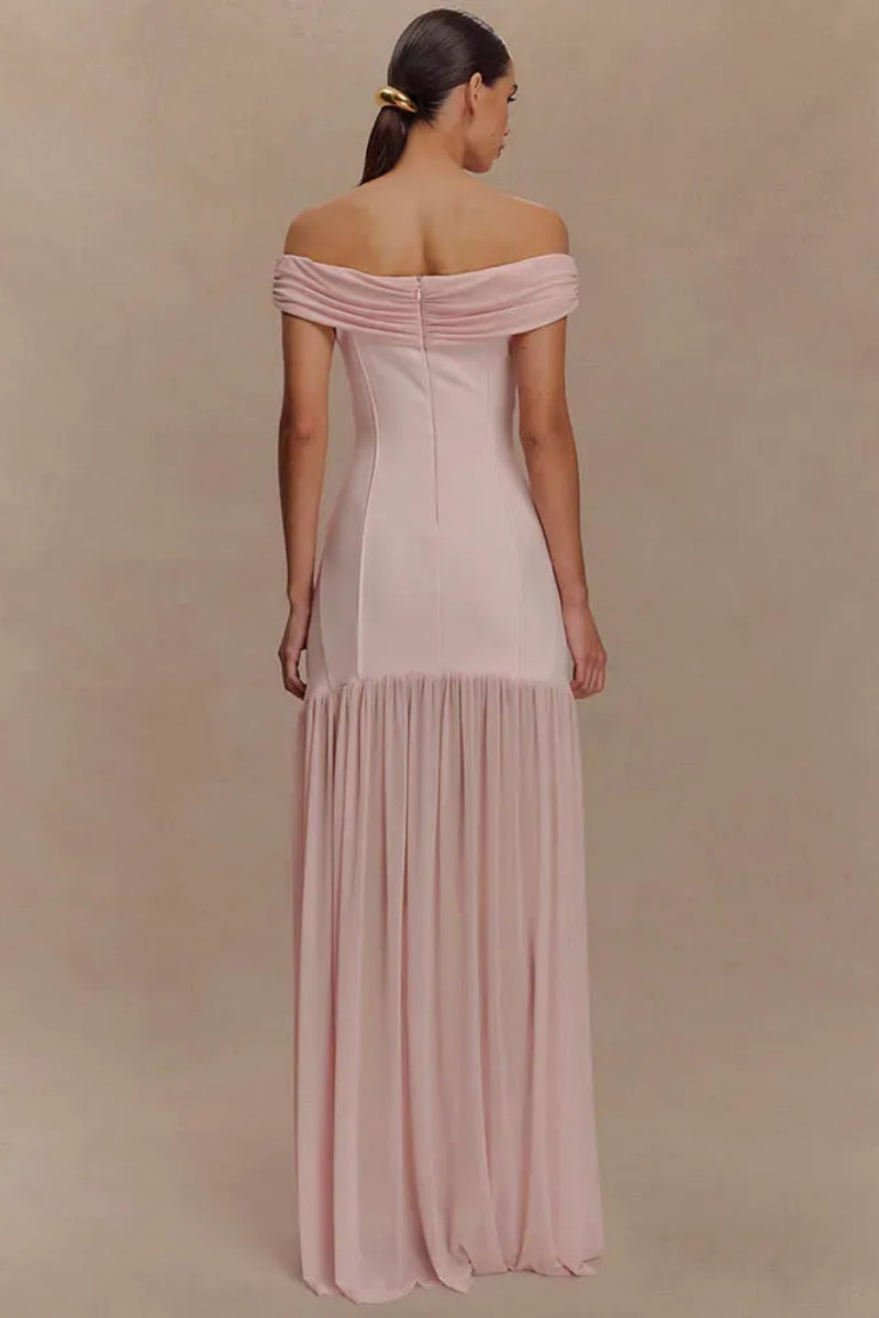 Robe Maxikleid Off-Shoulder avec Application Décorative et Jupe Plissée