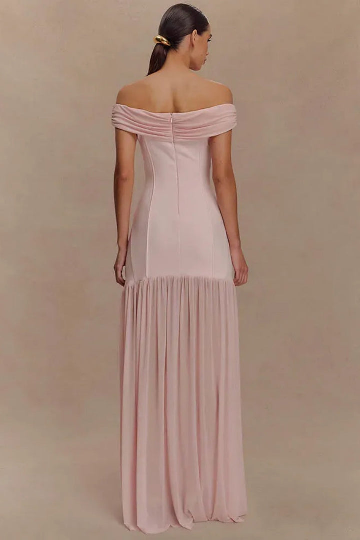 Robe Maxikleid Off-Shoulder avec Application Décorative et Jupe Plissée