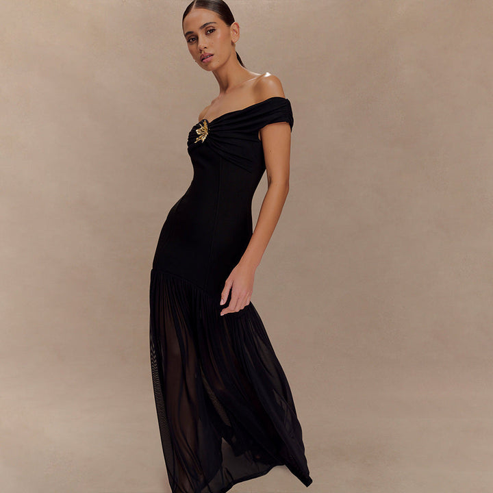 Robe Maxikleid Off-Shoulder avec Application Décorative et Jupe Plissée