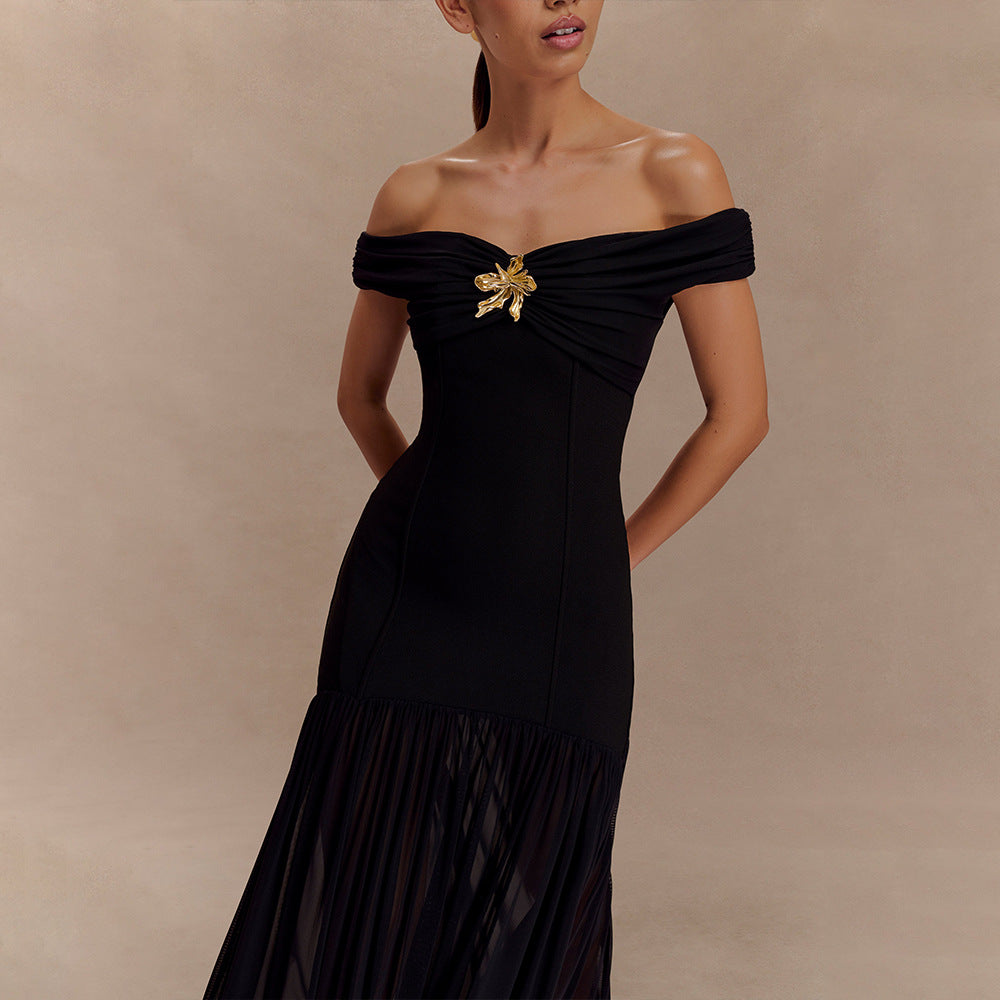 Robe Maxikleid Off-Shoulder avec Application Décorative et Jupe Plissée