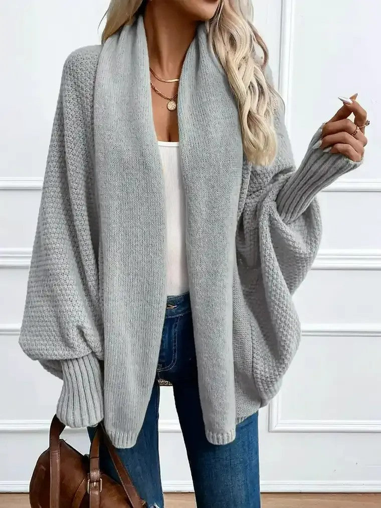 Veste ouverte en tricot pour femmes avec col châle, manches chauve-souris et bords côtelés
