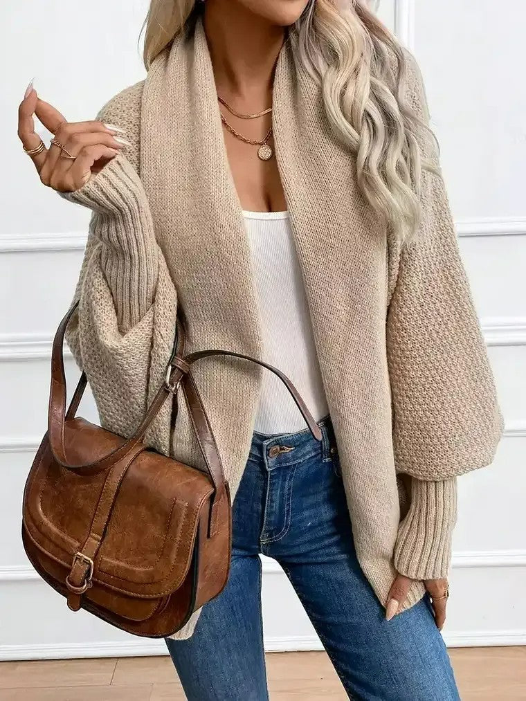 Veste ouverte en tricot pour femmes avec col châle, manches chauve-souris et bords côtelés