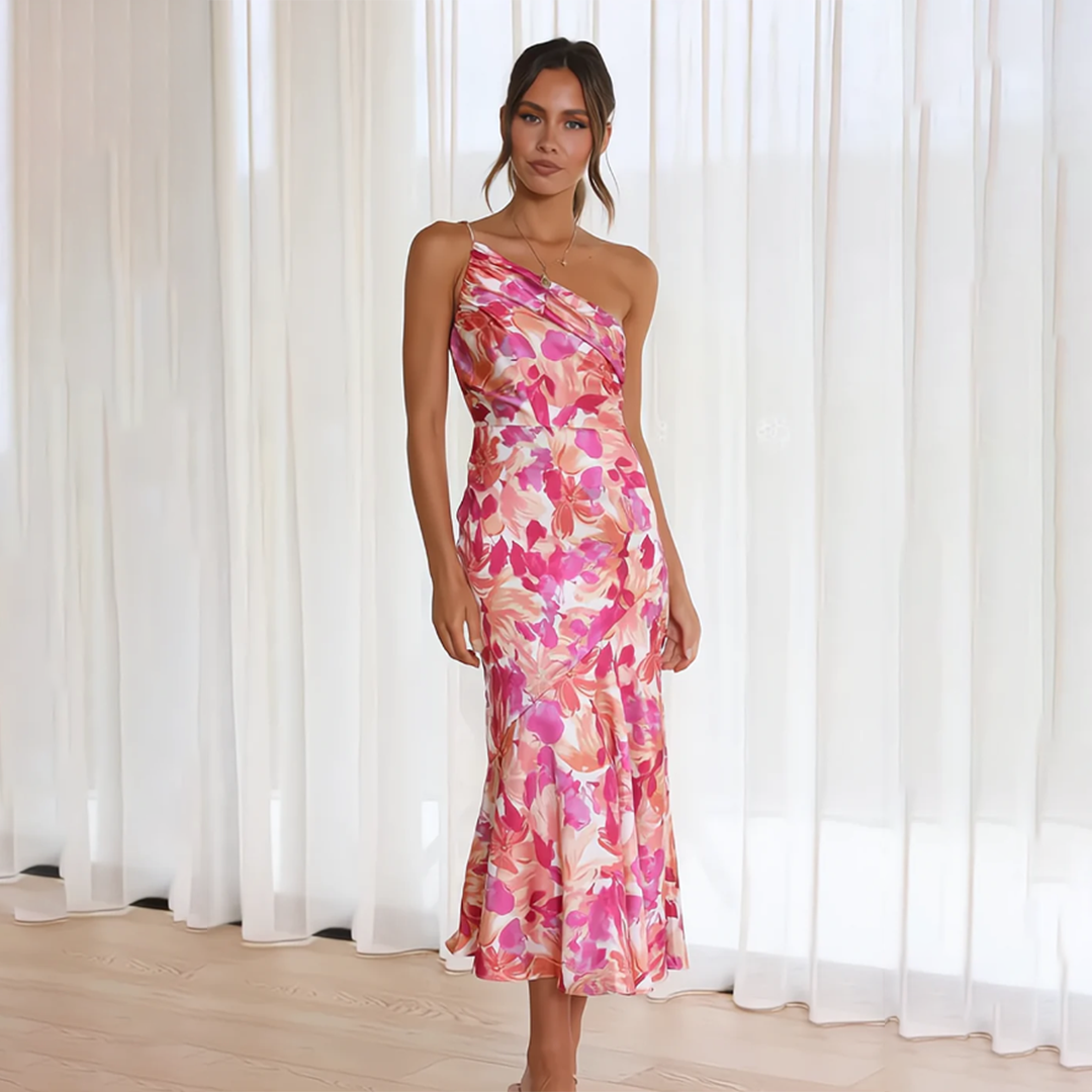 Robe midi à épaule unique pour femmes avec motif floral et drapé au niveau de l'épaule, surface brillante