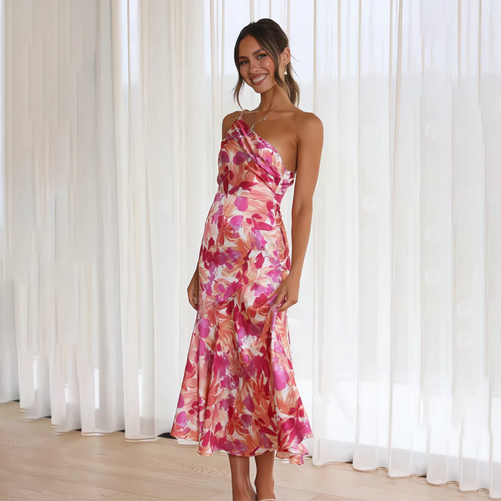 Robe midi à épaule unique pour femmes avec motif floral et drapé au niveau de l'épaule, surface brillante