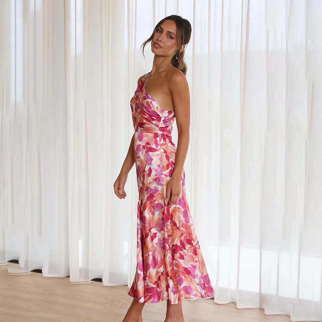 Robe midi à épaule unique pour femmes avec motif floral et drapé au niveau de l'épaule, surface brillante
