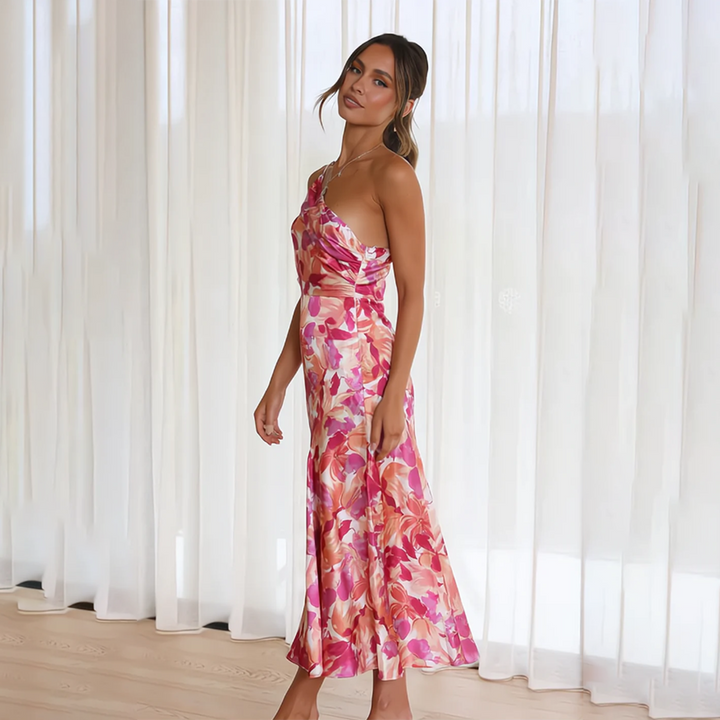 Robe midi à épaule unique pour femmes avec motif floral et drapé au niveau de l'épaule, surface brillante