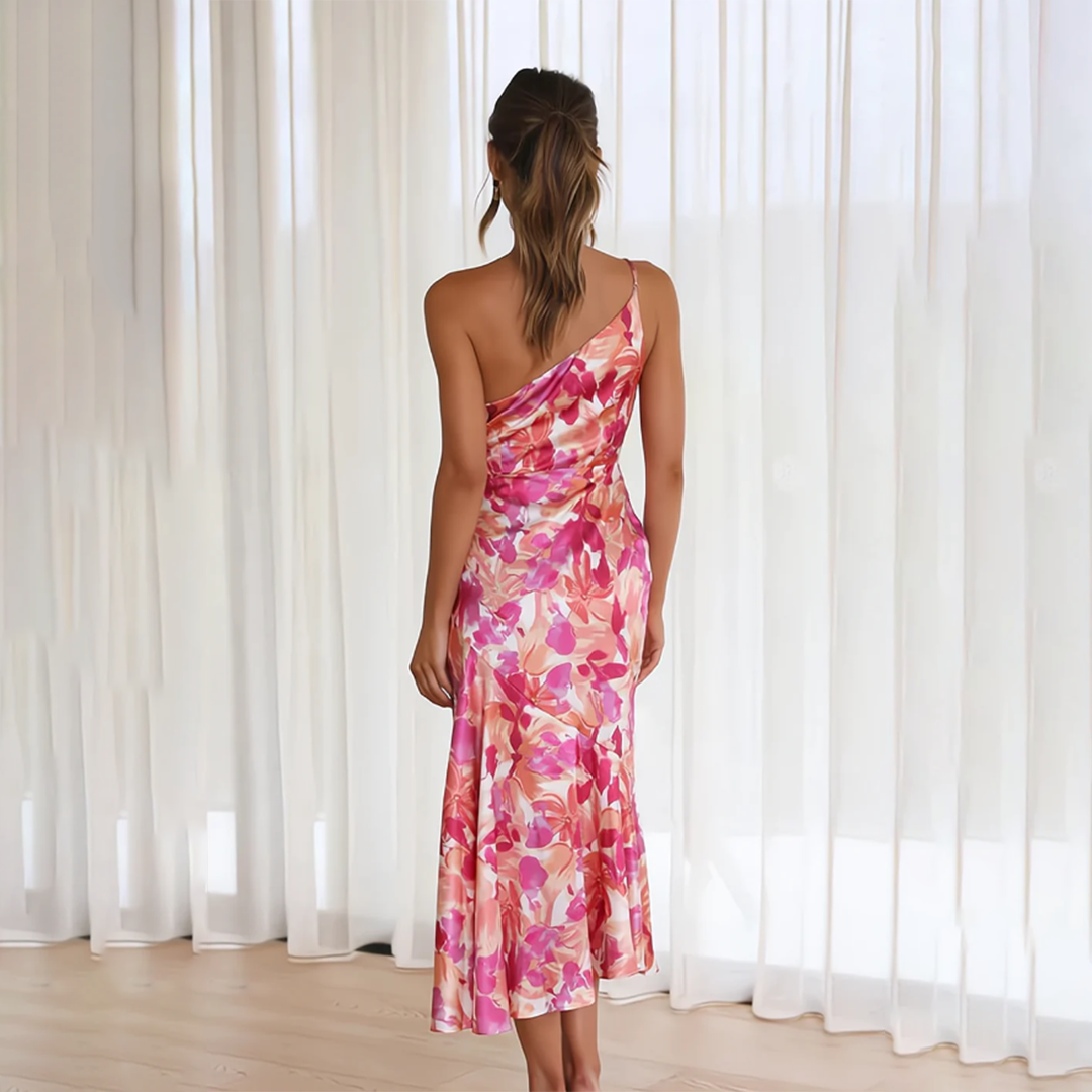 Robe midi à épaule unique pour femmes avec motif floral et drapé au niveau de l'épaule, surface brillante