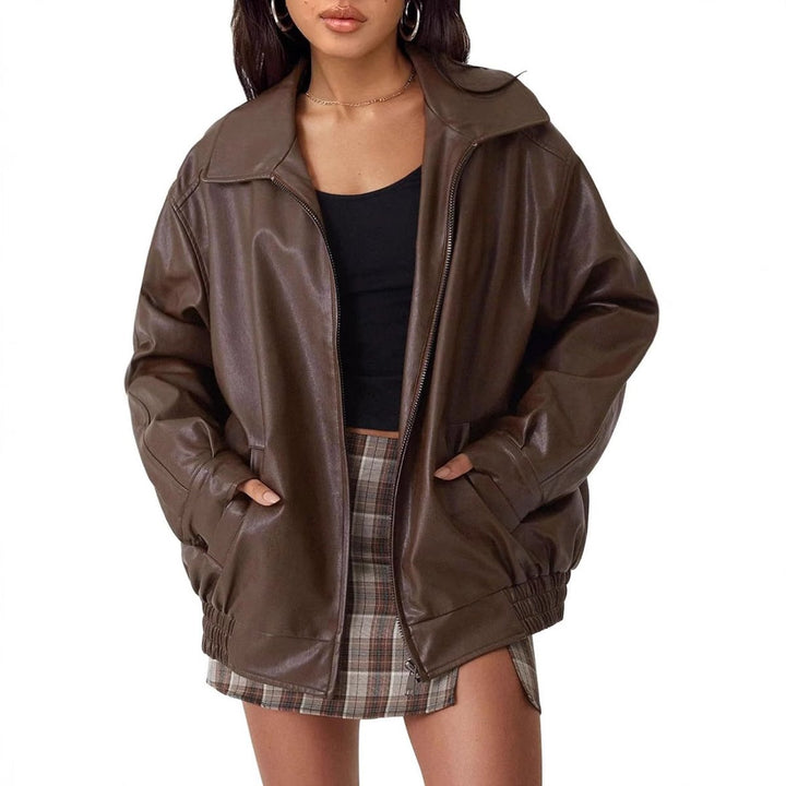 Lena | Veste bomber en simili cuir oversize pour femmes avec fermeture éclair