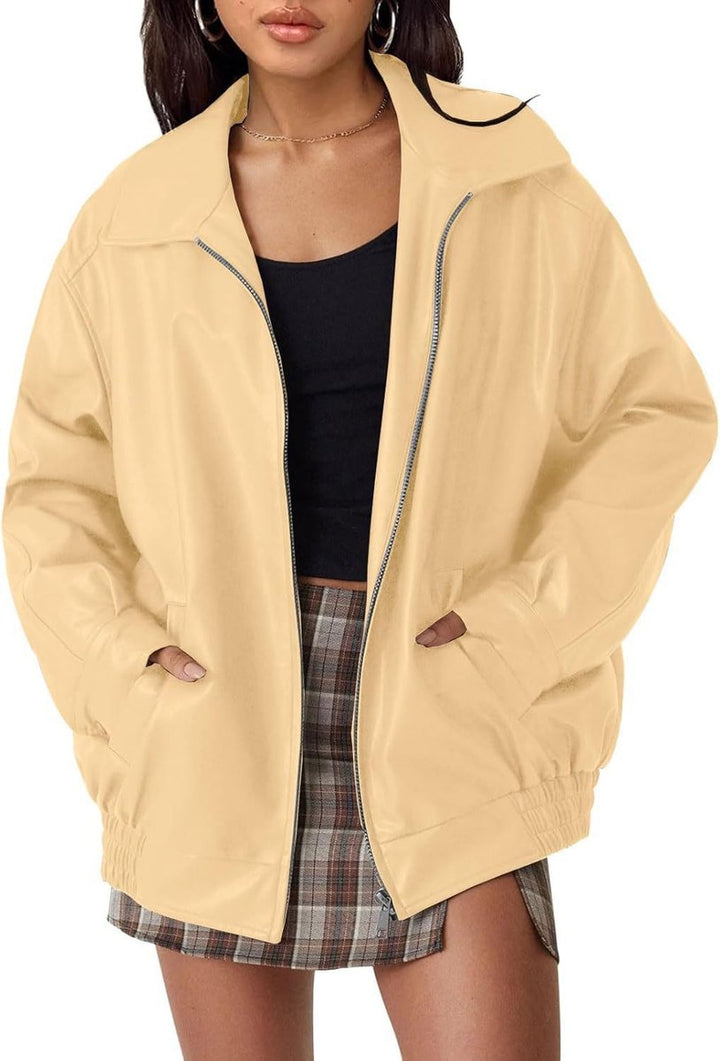 Lena | Veste bomber en simili cuir oversize pour femmes avec fermeture éclair