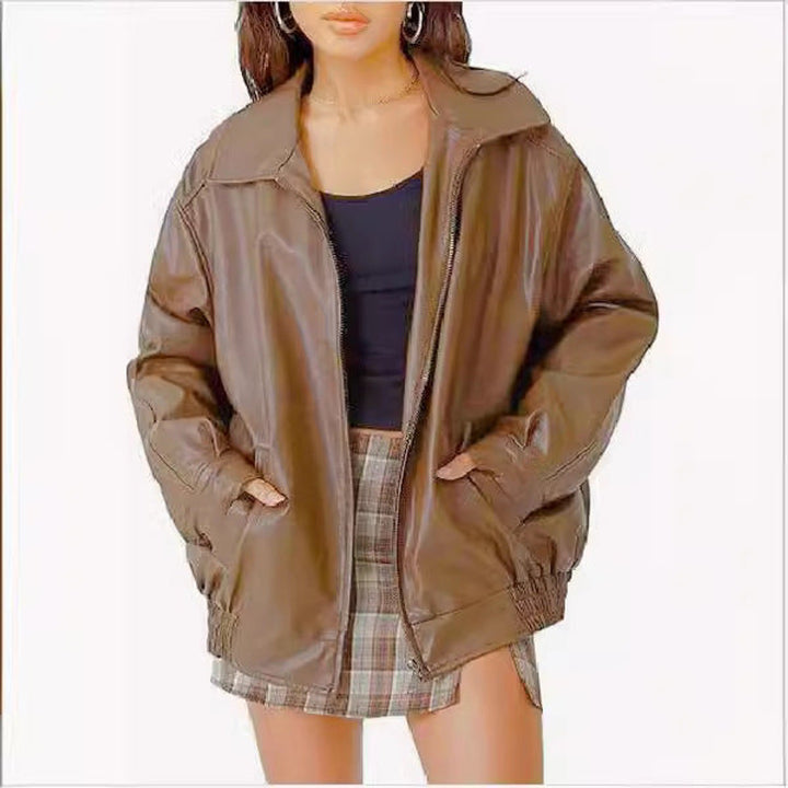 Lena | Veste bomber en simili cuir oversize pour femmes avec fermeture éclair