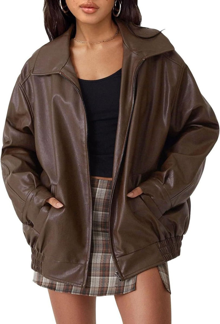 Lena | Veste bomber en simili cuir oversize pour femmes avec fermeture éclair