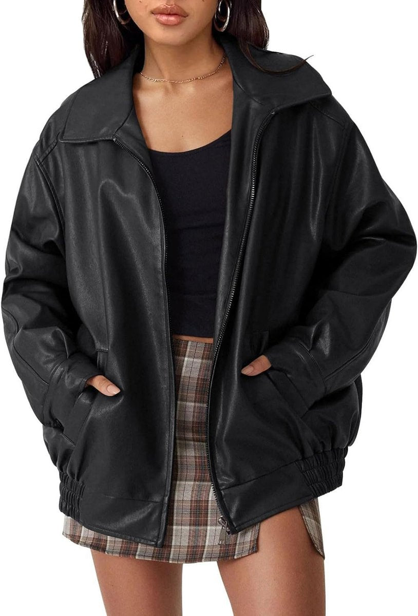 Lena | Veste bomber en simili cuir oversize pour femmes avec fermeture éclair