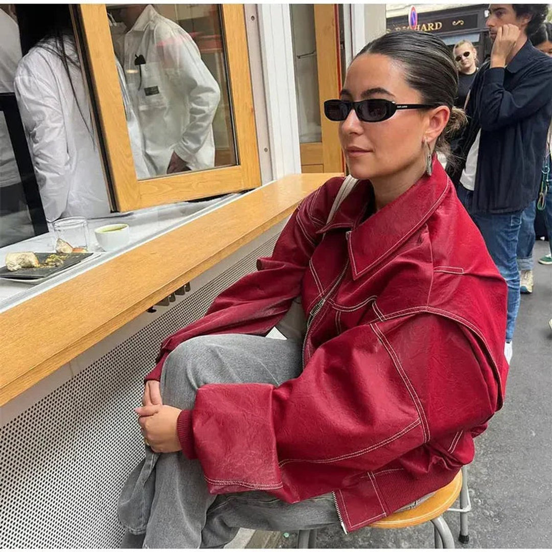 Elisabeth | Veste matelassée oversize pour femmes, bomber avec coutures contrastées en simili cuir