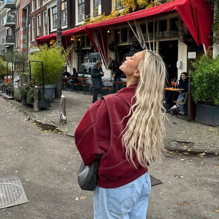 Elisabeth | Veste matelassée oversize pour femmes, bomber avec coutures contrastées en simili cuir