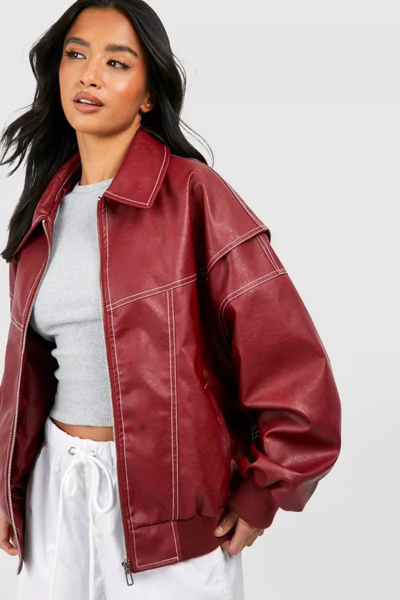Elisabeth | Veste matelassée oversize pour femmes, bomber avec coutures contrastées en simili cuir