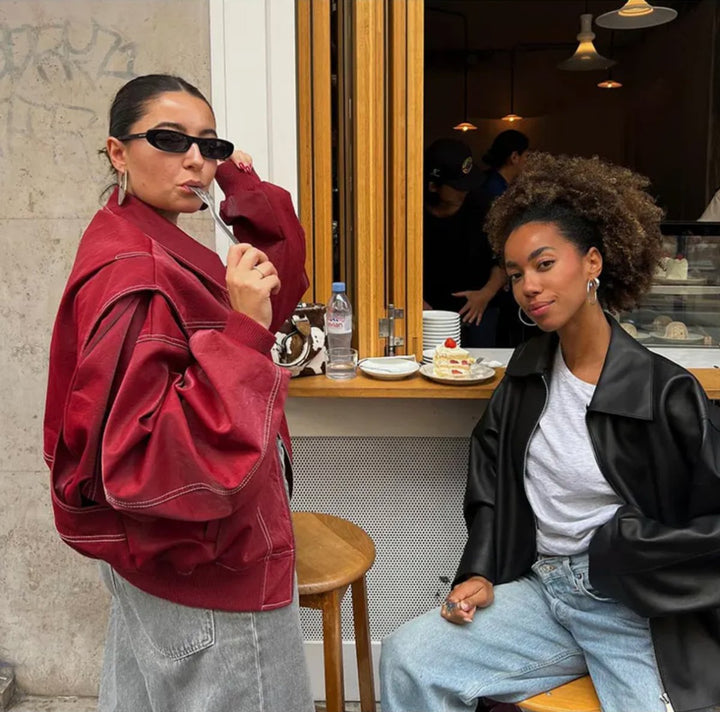 Elisabeth | Veste matelassée oversize pour femmes, bomber avec coutures contrastées en simili cuir