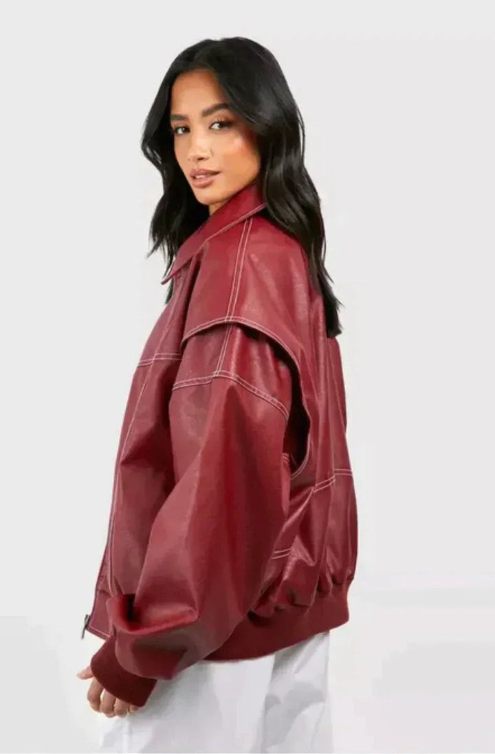 Elisabeth | Veste matelassée oversize pour femmes, bomber avec coutures contrastées en simili cuir