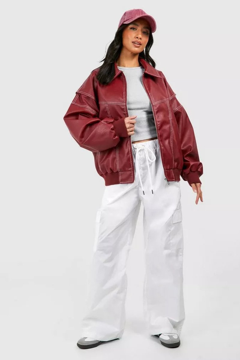 Elisabeth | Veste matelassée oversize pour femmes, bomber avec coutures contrastées en simili cuir
