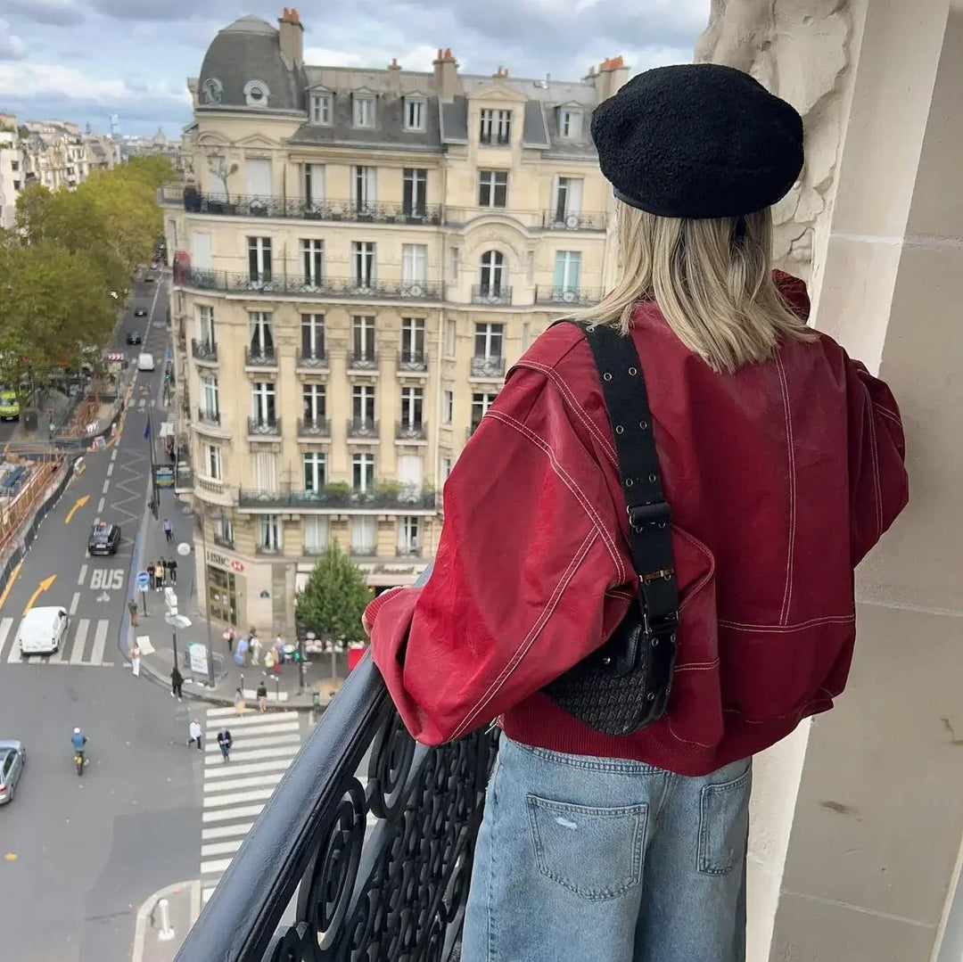 Elisabeth | Veste matelassée oversize pour femmes, bomber avec coutures contrastées en simili cuir