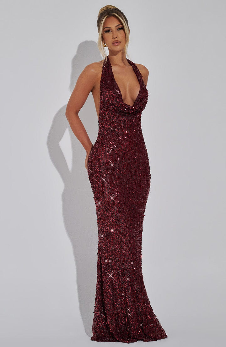 Robe maxi à paillettes pour femmes avec bretelles halter et décolleté en cowl
