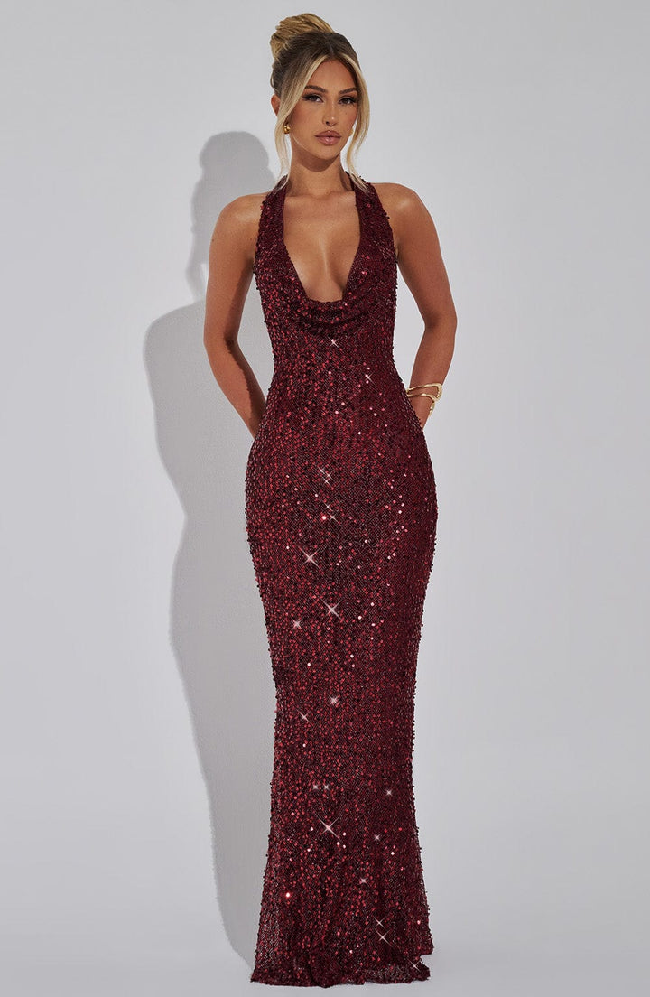 Robe maxi à paillettes pour femmes avec bretelles halter et décolleté en cowl