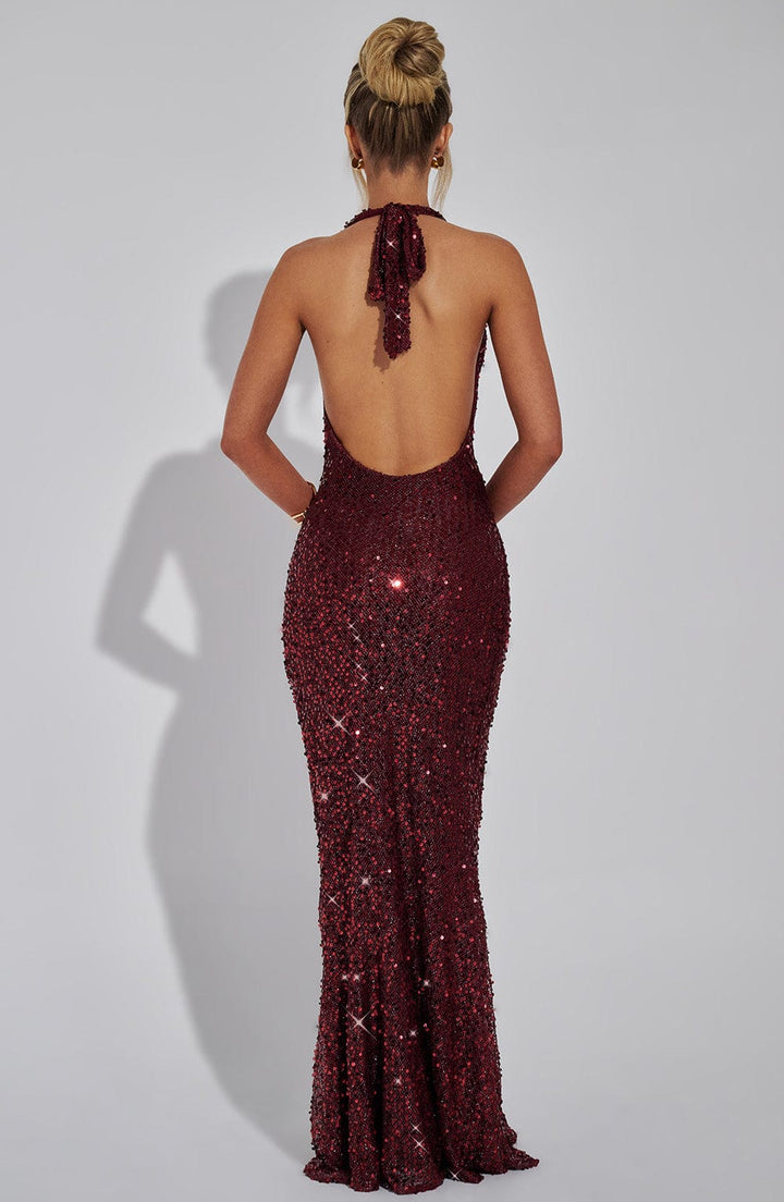 Robe maxi à paillettes pour femmes avec bretelles halter et décolleté en cowl