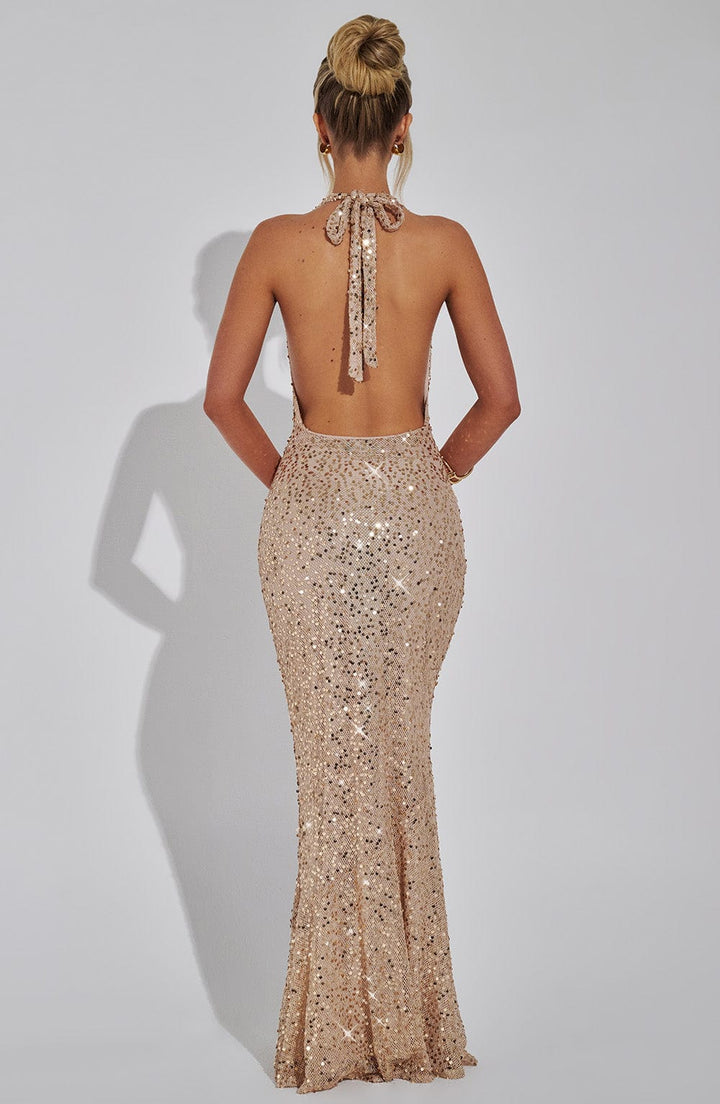 Robe Maxi Paillettes pour Femmes avec Bretelles Halterneck et Décolleté Profond