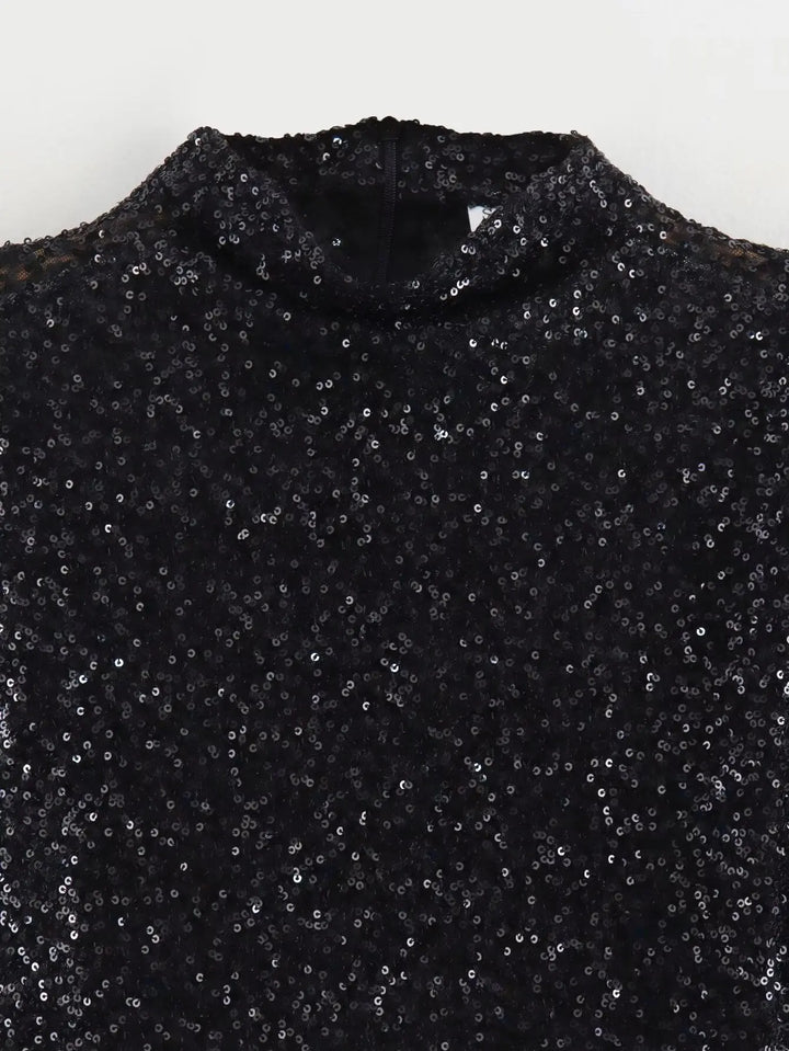 Robe mini à paillettes pour femmes avec col rond et épaules structurées