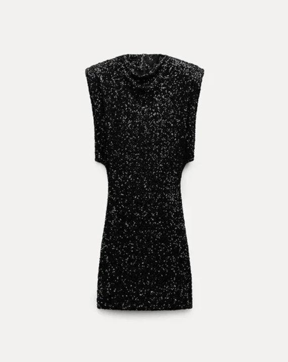 Robe mini à paillettes pour femmes avec col montant et épaules accentuées