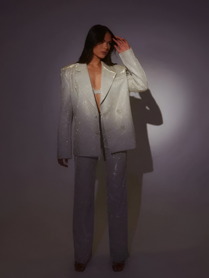 Ensemble à paillettes pour femmes avec blazer et crop-top, pantalon large