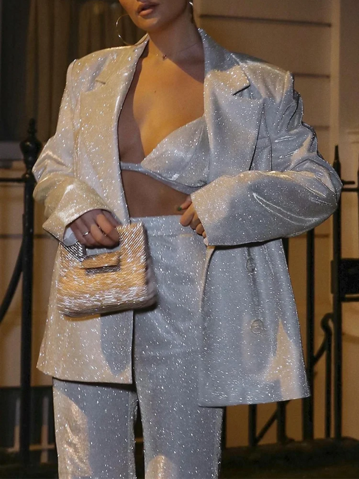 Ensemble à paillettes pour femmes avec blazer et crop-top, pantalon large