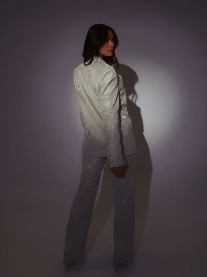 Ensemble à paillettes pour femmes avec blazer et crop-top avec pantalon large