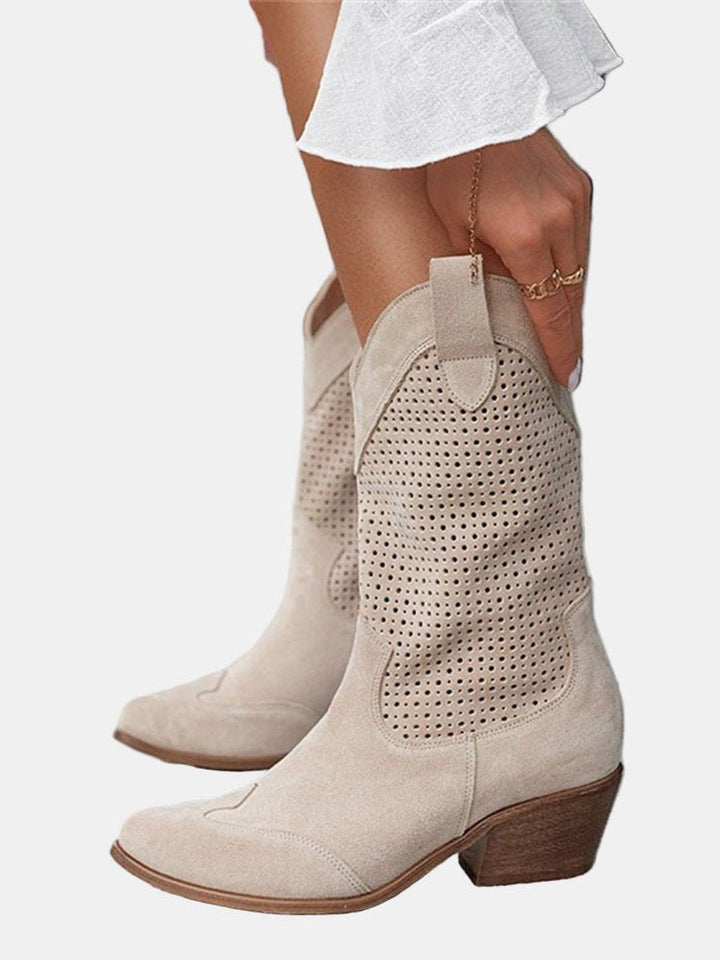 Clara | Bottes hautes perforées pour femmes à talon bloc en imitation daim
