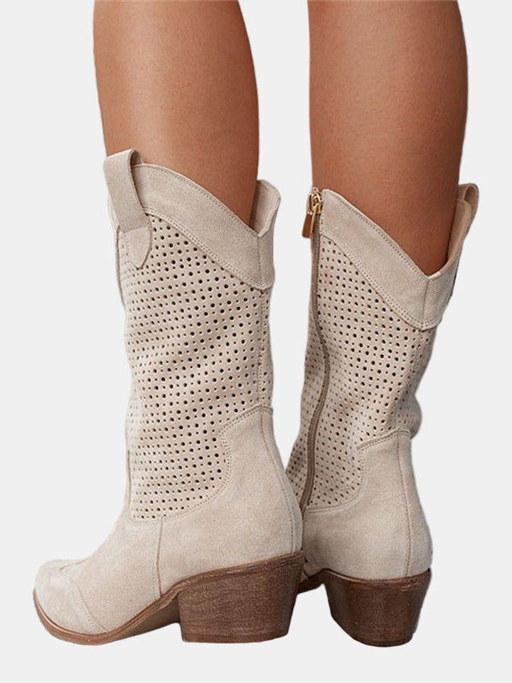 Clara | Bottes hautes perforées pour femmes à talon bloc en imitation daim