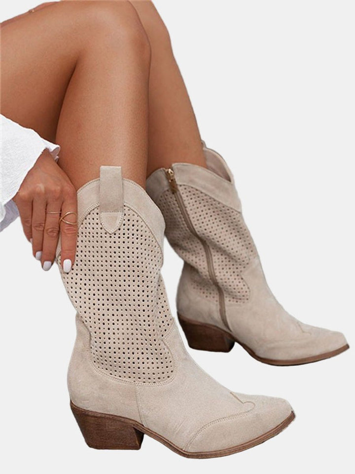 Clara | Bottes hautes perforées pour femmes à talon bloc en imitation daim