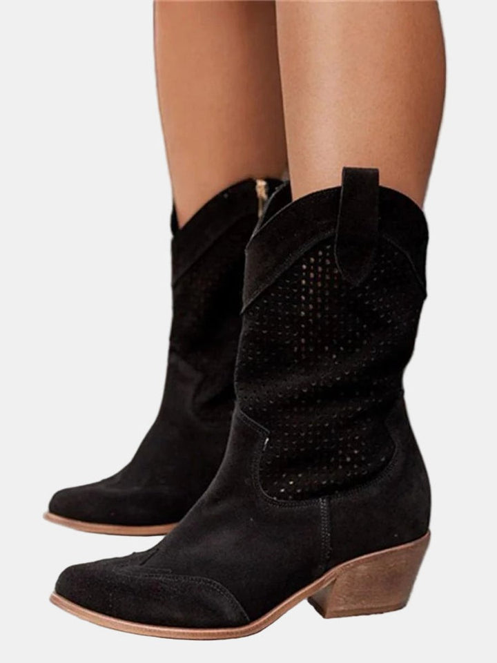 Clara | Bottes perforées pour femmes à talon bloc en imitation daim