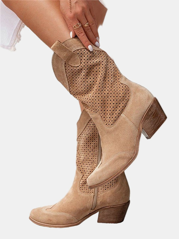 Clara | Bottes hautes perforées pour femmes à talon bloc en imitation daim