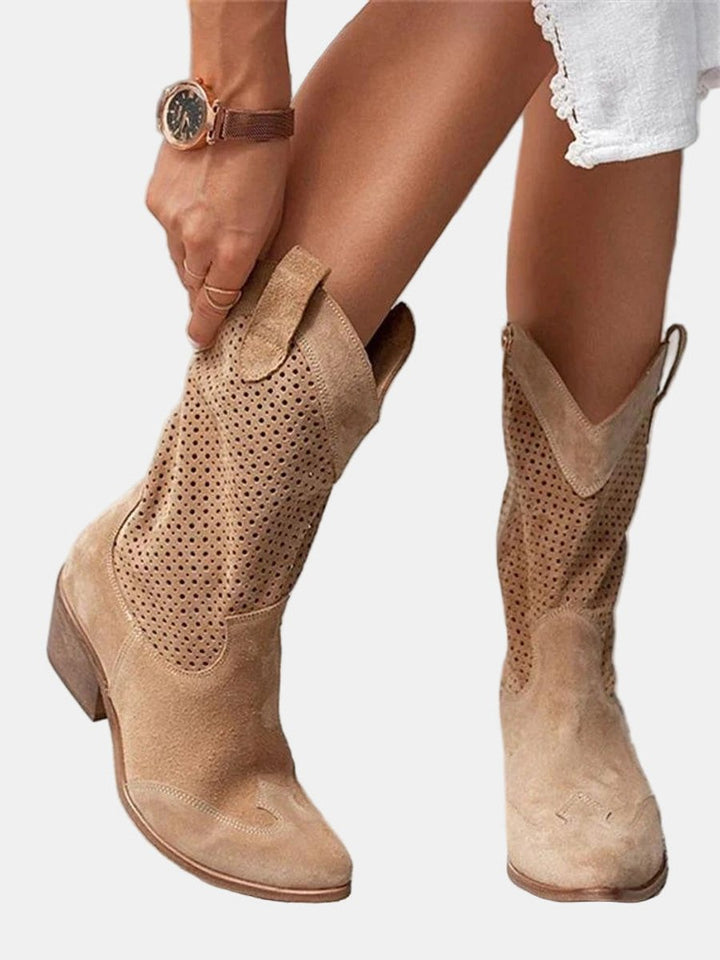 Clara | Bottes hautes perforées pour femmes à talon bloc en imitation daim