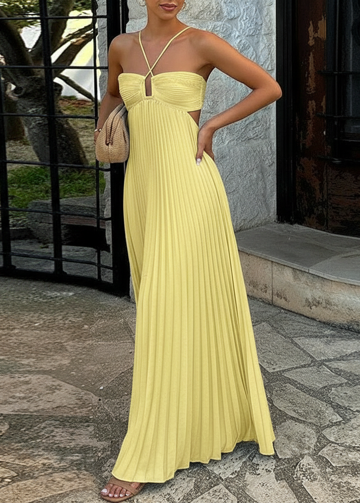 Robe maxi plissée pour femmes avec bretelles croisées, découpes et poitrine froncée
