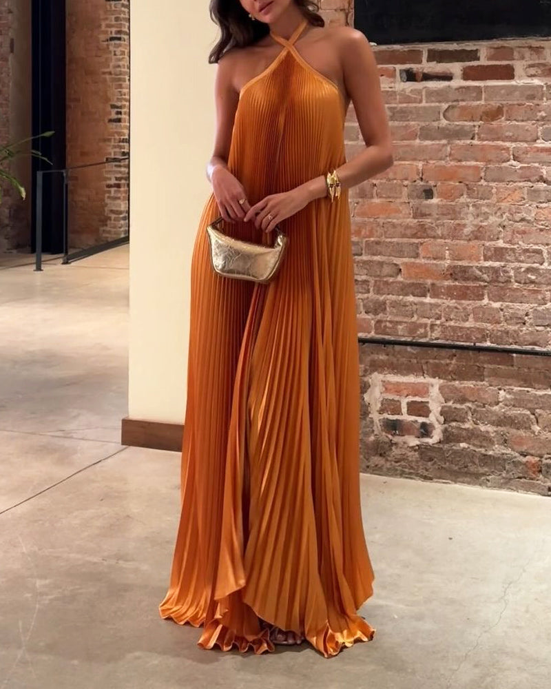 Robe maxi plissée pour femmes avec bretelles croisées en halter