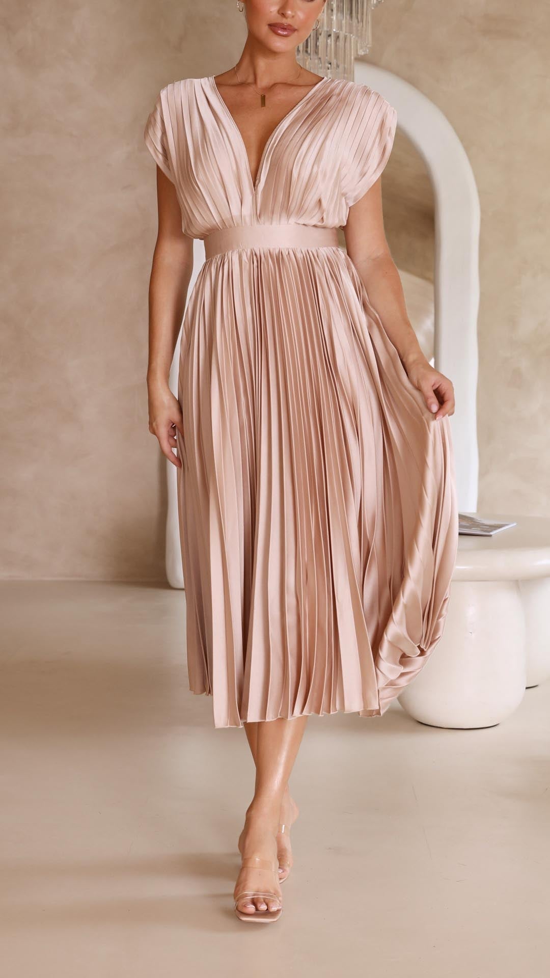 Robe Midi Plissée pour Femmes avec Décolleté en V Profond et Ceinture à la Taille